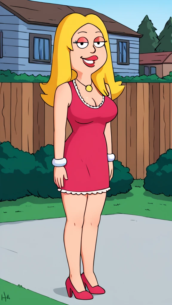 francine,flat color,  blonde hair, 1girl, long hair, white braclet, large breasts, solo, necklace, cleavage, pink dress, short dress, red lips, standing,looking at viewer,outdoors, full-body, smile