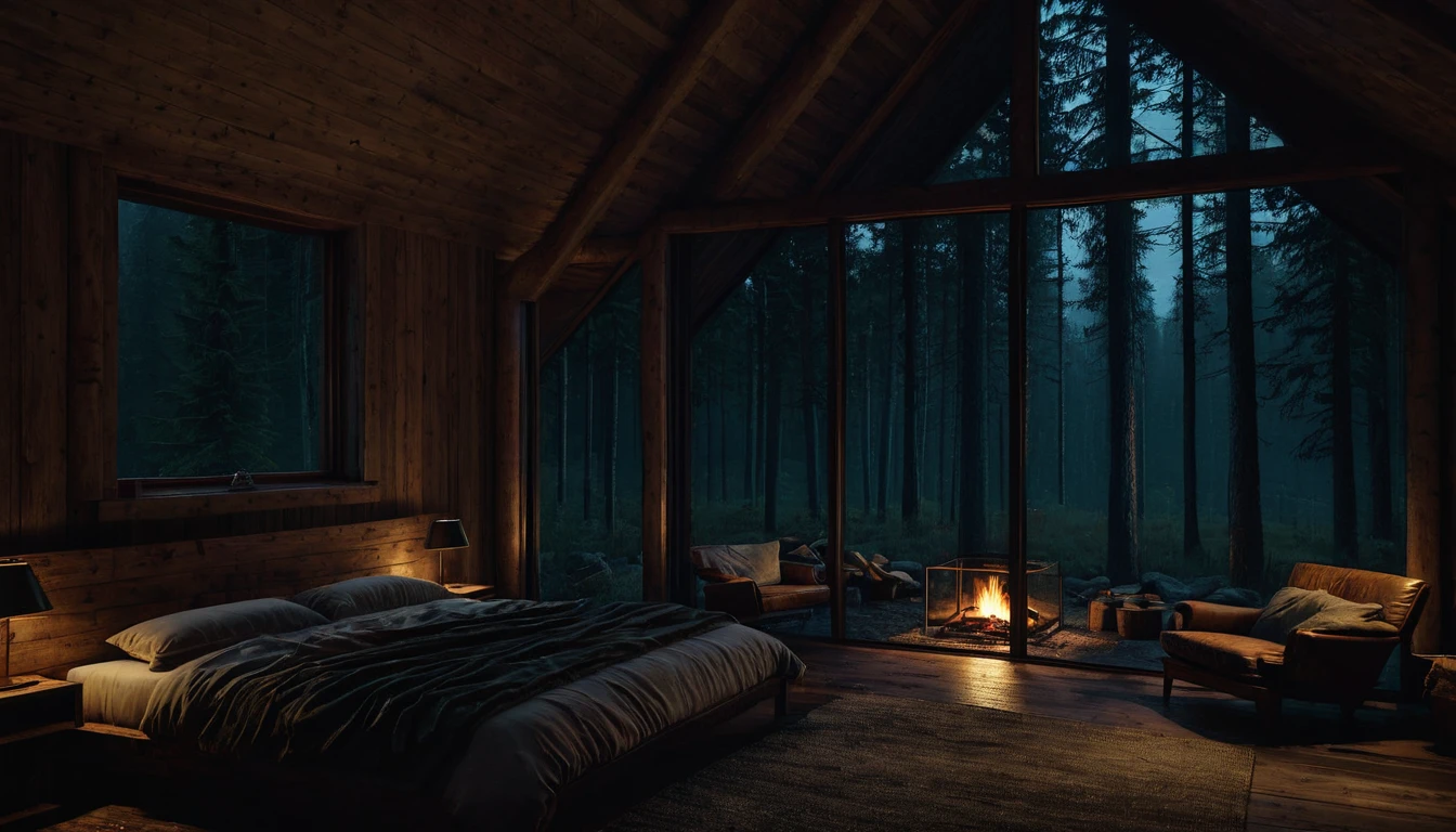 dimly lit bedroom with fireplace and wood burning bed, large windows to the forest at night, beautiful and cinematic lighting, cozy place, cryengine render 8 k, cabin in the forest, minimalist pyramid room shape, pyramid glass, very forest background dark, lots of column windows, dark, pillows and blankets, large windows, minimalist windows, lots of boxes, minimalist windows facing the forest, quiet night. the picture is original, rainy night. original rendering, stunning, rainy night, gloomy, dark gloomy cinematic lighting, atmosphere, landscape, vast forest, moody, dramatic lighting. cinematic, cinematic, atmospheric shots, gloomy weather. hyperrealistic, atmospheric rendering, rainy night, huge gloomy forest, cinematic,