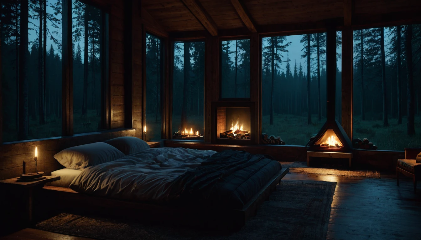 
dimly lit bedroom with fireplace and wood burning bed, large windows to the forest at night, beautiful and cinematic lighting, cozy place, cryengine render 8 k, cabin in the forest, minimalist pyramid room shape, pyramid glass, very forest background dark, lots of column windows, dark, pillows and blankets, large windows, minimalist windows, lots of boxes, minimalist windows facing the forest, quiet night. the picture is original, rainy night. original rendering, stunning, rainy night, gloomy, dark gloomy cinematic lighting, atmosphere, landscape, vast forest, moody, dramatic lighting. cinematic, cinematic, atmospheric shots, gloomy weather. hyperrealistic, atmospheric rendering, rainy night, huge gloomy forest, cinematic,