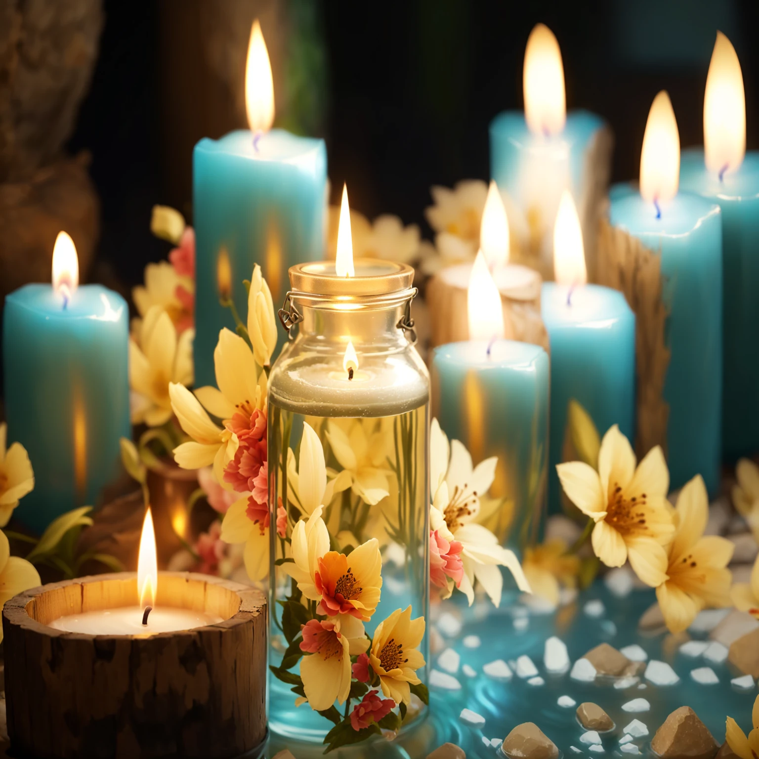 Candles and flowers are lit in a jar with rocks and water, floating Candles, Beautiful atmosphere, Warm and fun atmosphere, Beautifully illuminated, Beautiful atmosphere, Peaceful atmosphere, relax atmosphere, Candlesライト, Candles in foreground, lit with Candles, Peaceful atmosphere, lit Candles, glowing Candles, Candles, relax, Read beautifully, Soft glow, Blissful atmosphere