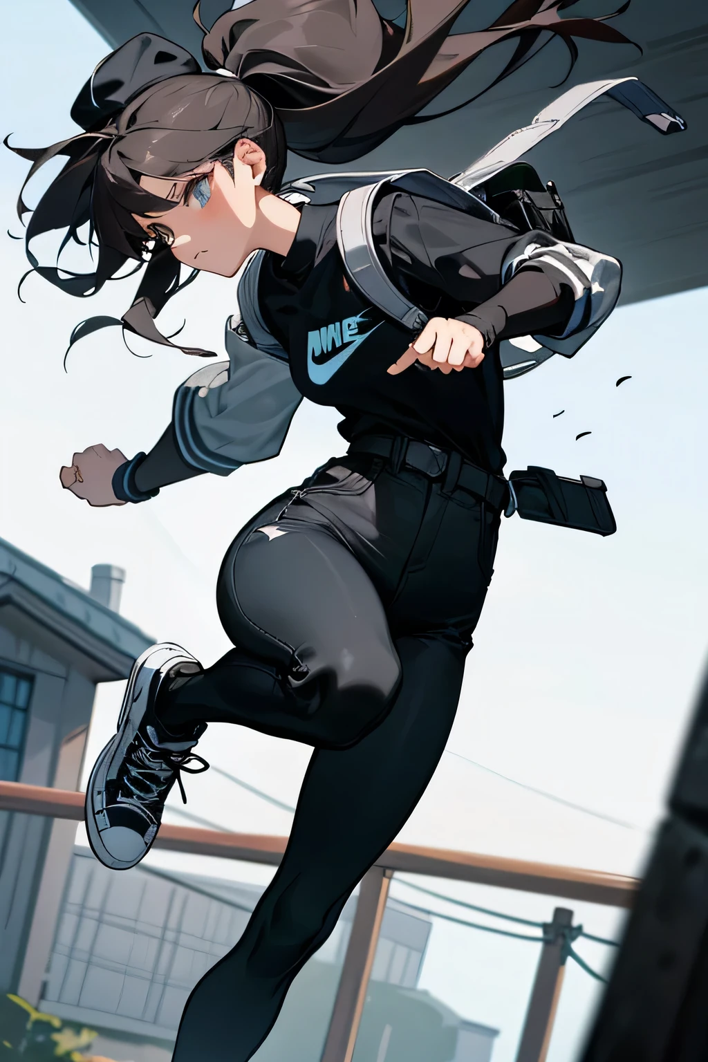 Blue delicate eyes, ,sports shoes，Black tights，Sports jacket，Hip-wrapped pants