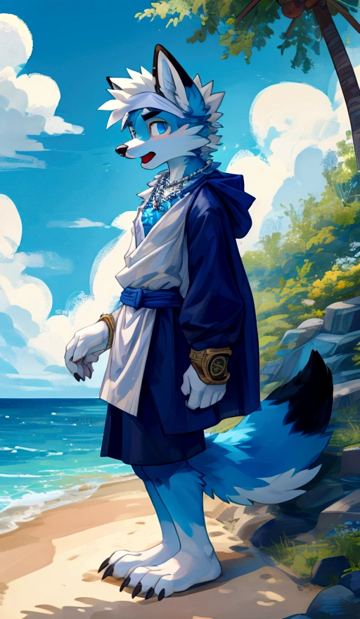 teenanger,solo,freshmen,young people,white hair, nipples，fox, blue eyes, masterpiece, bright blue fur, clean face, (blue necklace), thick eyebrows, detailed eyes, anthro, claw, (white headband),white hands,white feet,white cape，outdoor,open mouth,side view,wrist guard,seaside,white loincloth，trees,full body,sit