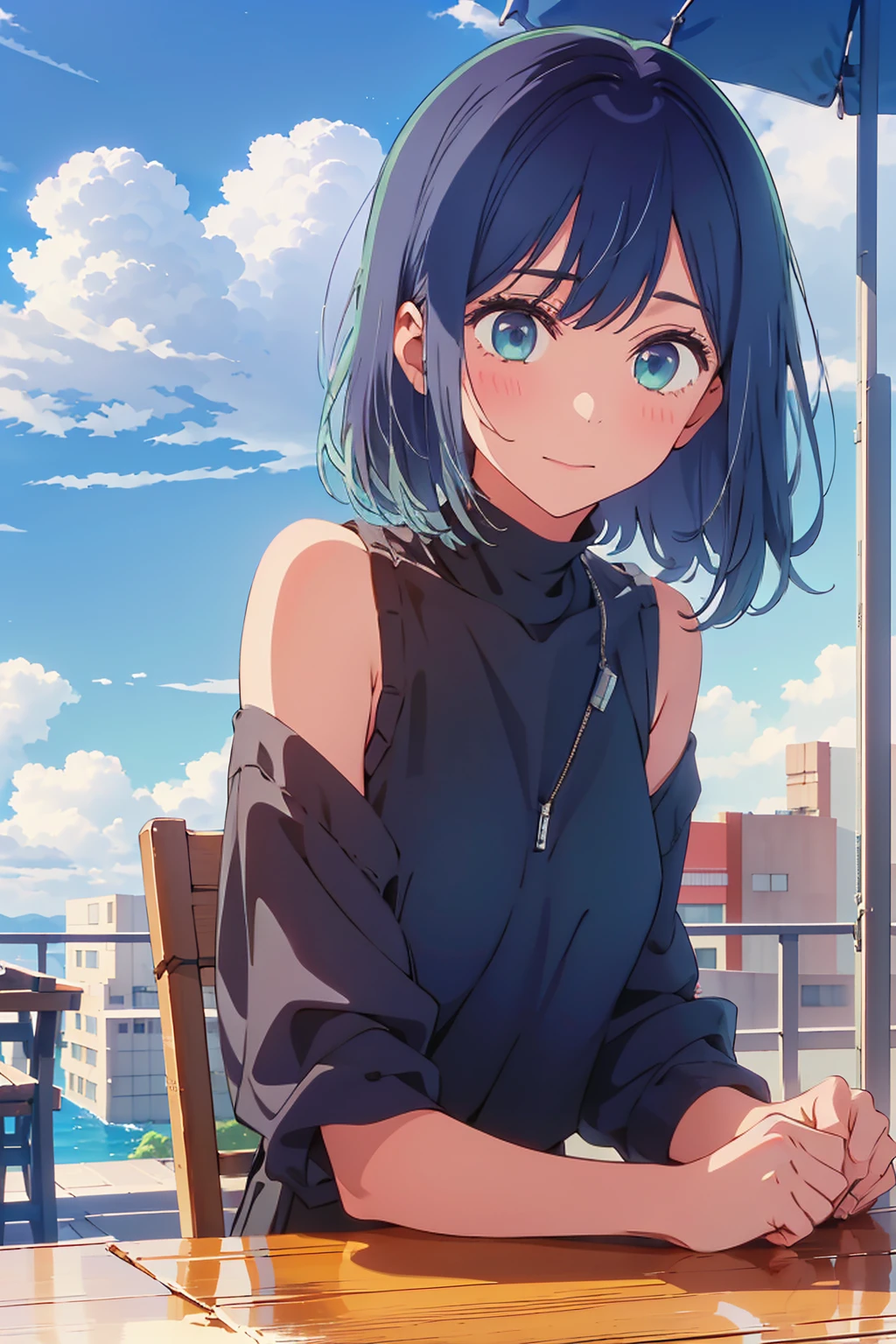 (Highest quality:1.4、masterpiece:1.4、超detailed:1.4、Ultra-high resolution:1.4、Absurd:1.4、Absolute Resolution:1.4、8K:1.4、detailed:1.4)、Slim body、((((1 person、Surprised expression、sit、Chair、coastal、In the background are the urban buildings of Tokyo、looking at the camera、Outdoor café terrace、Navy hair color、juice、table、Get up close and take a photo、Shooting from an angle、Very cute face))))、((((、very beautiful ))))、(Pose with hands tucked behind ears:1.4、Cheek resting on hand:1.4)、(((Black off-the-shoulder blouson with zipper、 clothes)))、Very blue sky、A completely cloudless sky