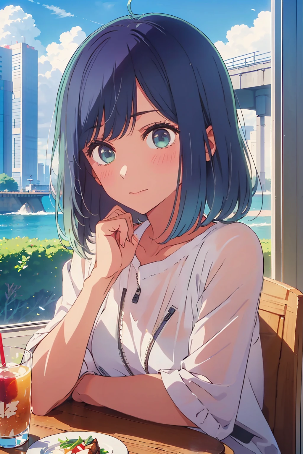 (Highest quality:1.4、masterpiece:1.4、超detailed:1.4、Ultra-high resolution:1.4、Absurd:1.4、Absolute Resolution:1.4、8K:1.4、detailed:1.4)、Slim body、((((1 person、Surprised expression、sit、Chair、coastal、In the background are the urban buildings of Tokyo、looking at the camera、Outdoor café terrace、Navy hair color、juice、table、Get up close and take a photo、Shooting from an angle、Very cute face))))、((((nude、very beautiful areola))))、(Pose with hands tucked behind ears:1.4、Cheek resting on hand:1.4)、(((Black off-the-shoulder blouson with zipper、Take off your clothes)))、Very blue sky、A completely cloudless sky