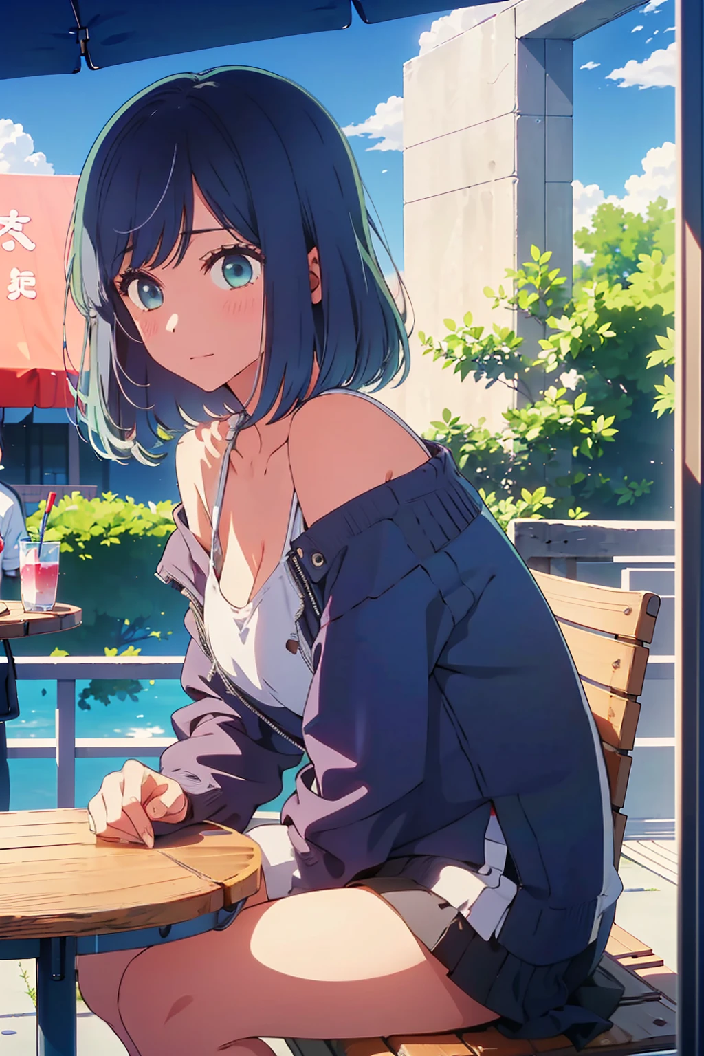 (Highest quality:1.4、masterpiece:1.4、超detailed:1.4、Ultra-high resolution:1.4、Absurd:1.4、Absolute Resolution:1.4、8K:1.4、detailed:1.4)、Slim body、((((1 person、Surprised expression、sit、Chair、coastal、In the background are the urban buildings of Tokyo、looking at the camera、Outdoor café terrace、Navy hair color、juice、table、Get up close and take a photo、Shooting from an angle、Very cute face))))、((((nude、very beautiful areola))))、(Pose with hands tucked behind ears:1.4、Cheek resting on hand:1.4)、(((Black off-the-shoulder blouson with zipper、Take off your clothes)))、Very blue sky、A completely cloudless sky