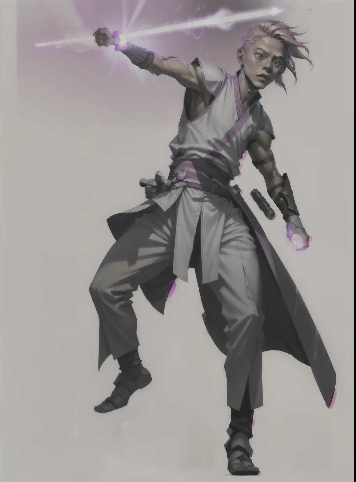 I want a character with a white background, png,Full body image, an Asian man with futuristic clothes, and pink hair, with leads on his clothes, and a lightsaber in his hand, curses flying around him. fundo branco.