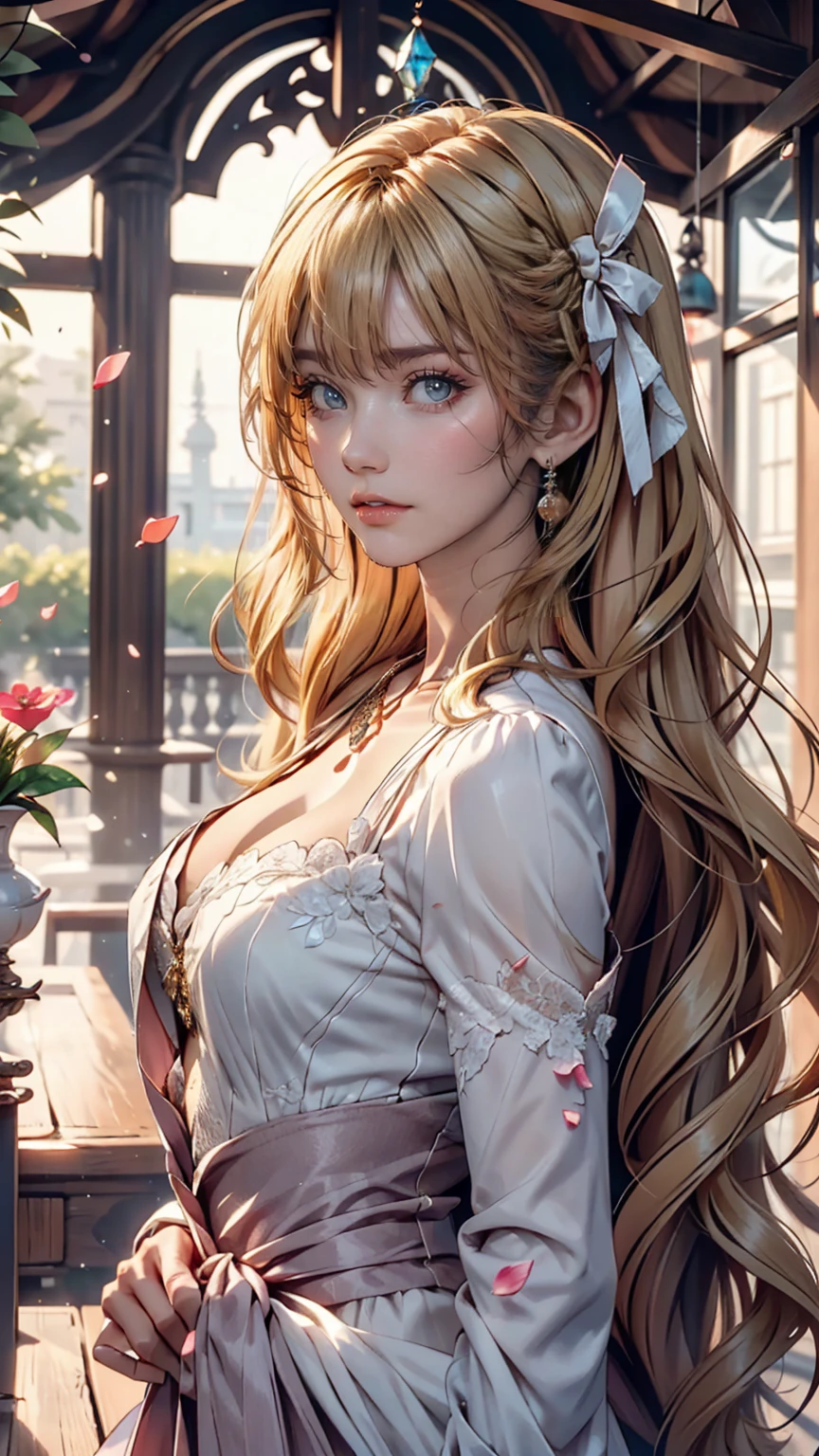 (Dynamic Angle:1.3),Extreme close up,the wind is strong,映画ofハイライト,1人of女of子,Upper Body,dancing,View your viewers, violet_Evergarden, alone, jewelry, blank eye,brooch, blonde_hair,( vevry long hair:1.2),floating hairlong_sleeve, ribbon, green_eye, Jacket, dress, gem, hair_ribbon,null, depth_of_Field, a close view of flying petal,