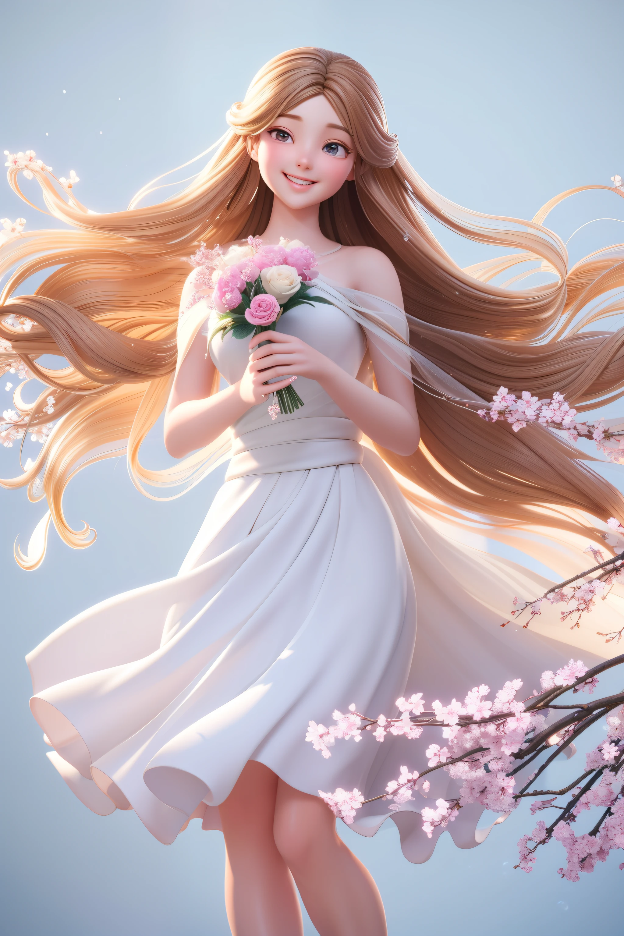 A captivating young lady, radiant with youthful charm, cradles a bouquet of vibrant blossoms in her hands, her smile beaming with unbridled joy and a touch of playfulness. In a serene white setting with a clean, simple background, she stands tall and poised, her long, flowing brown hair cascading down her shoulders in delicate tendrils. The detailed depiction leans towards a bubble matte style, evoking a sense of tranquility and elegance, as if sculpted from clay with harmonious color tones. With a strong depth of field and a 3D creation made in C4D or Blender, this masterpiece boasts high quality