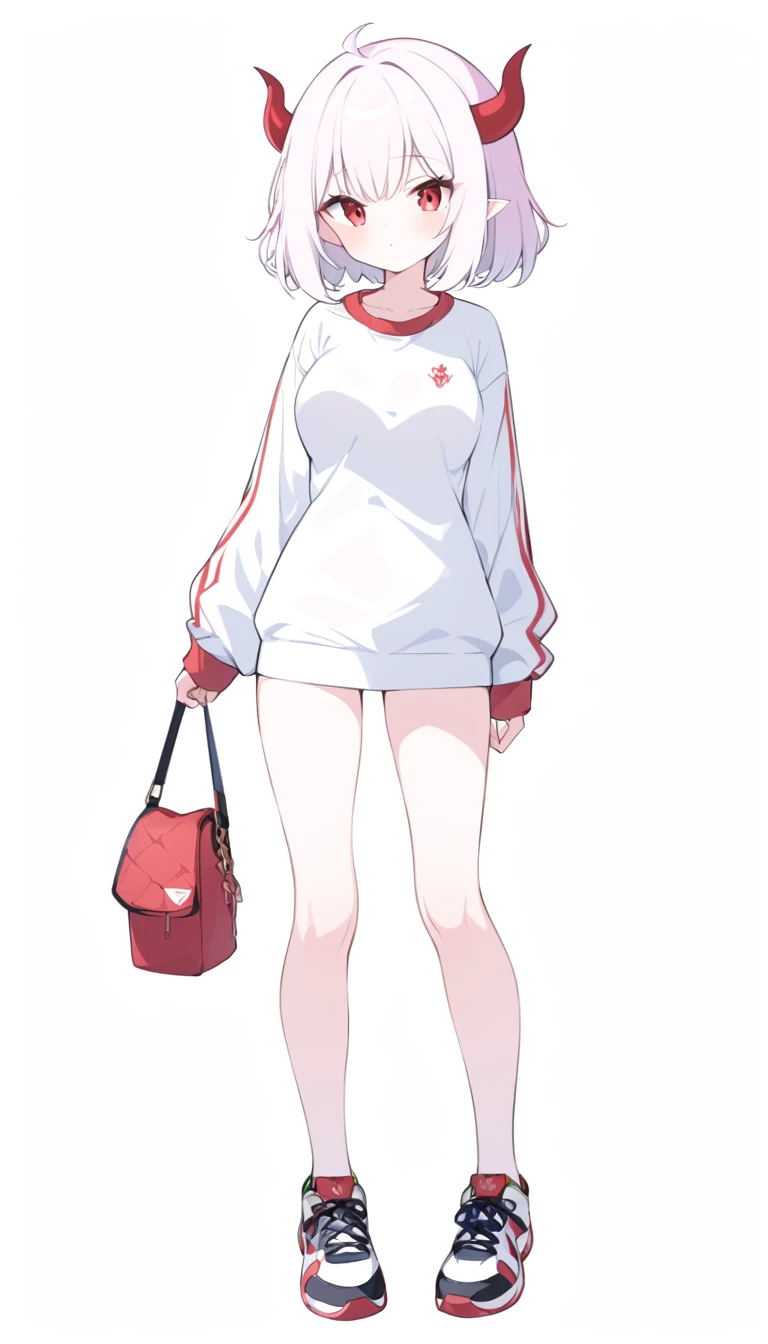 age girl, devil girl, little red horns, white hair, short fluffy hair, big red eyes, pale skin, rosy cheeks, medium breasts, red cheeks, white sports shirt with a red side stripe from left to right. white background, full body
