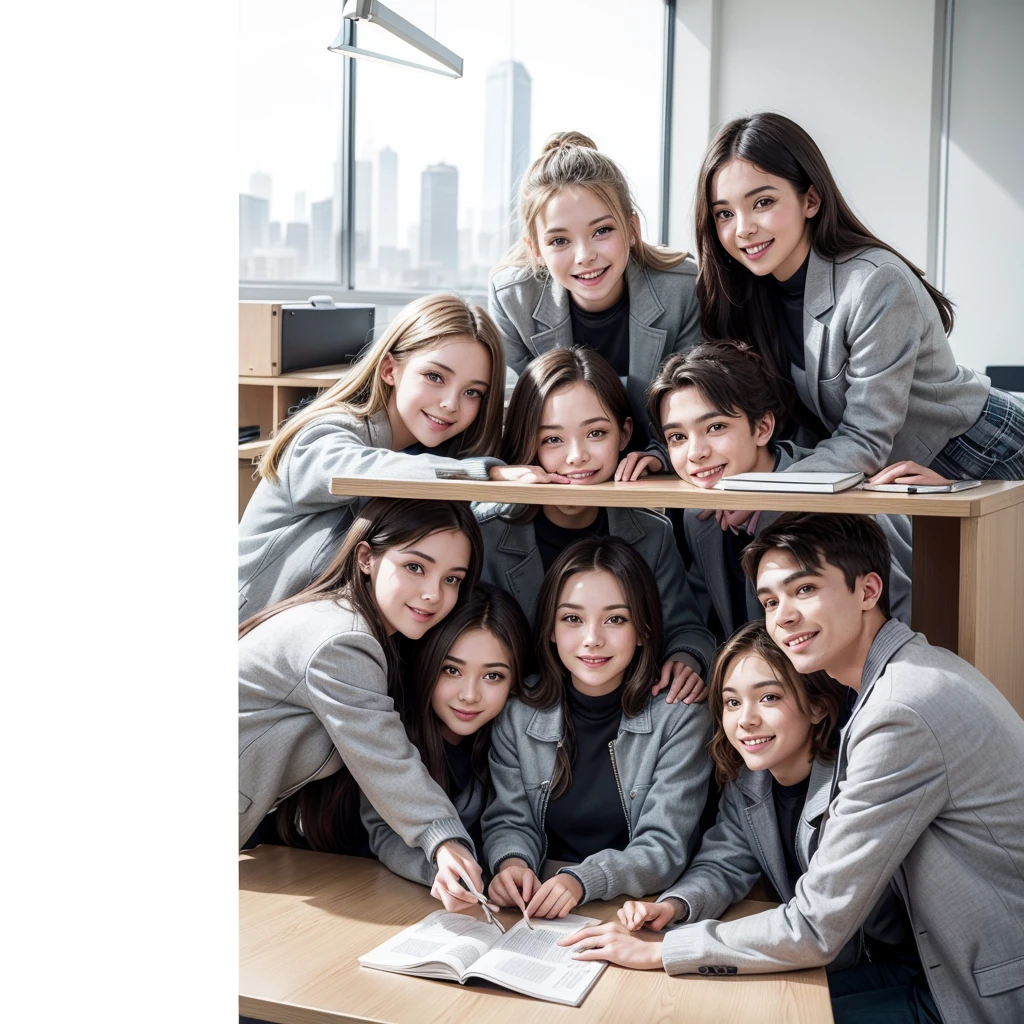 The image shows a group of four young women and three young men working at a desk, all wearing matching grey jackets and smiling at the camera.