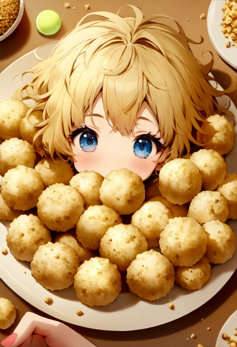 make a poster with the Pin-Up aesthetic of a woman holding a plate on a plate: make an image of a fried ice cream that has the following characteristics: A round golden ball, about the size of a tennis ball. texture: The surface is crispy and rough due to the fried batter. Coverage may look patchy and grainy. color: Light to medium gold, with possible darker tones in some areas, due to frying. The color of the batter may vary if specific ingredients such as grated coconut are used., cookie crumbs, or cereals.
