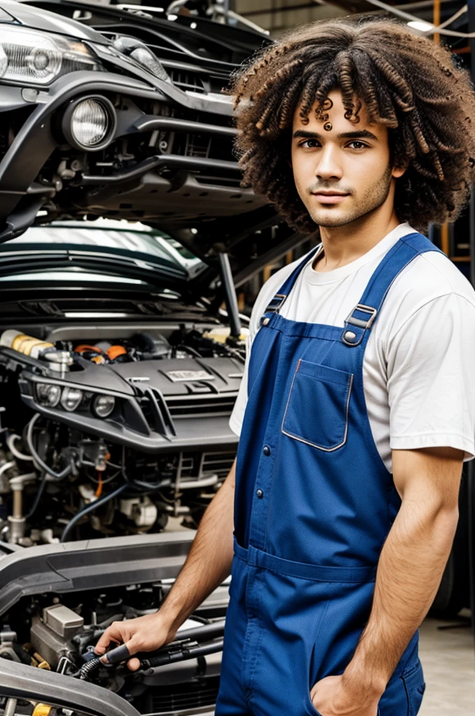 Man with curly hair working as mechanic manga style