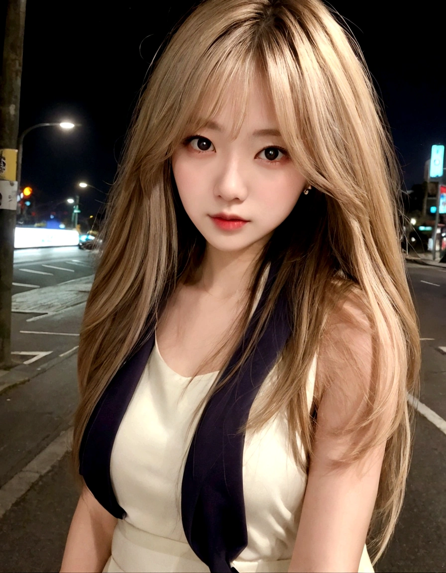 A woman stands on a city street at night,Background with city streets