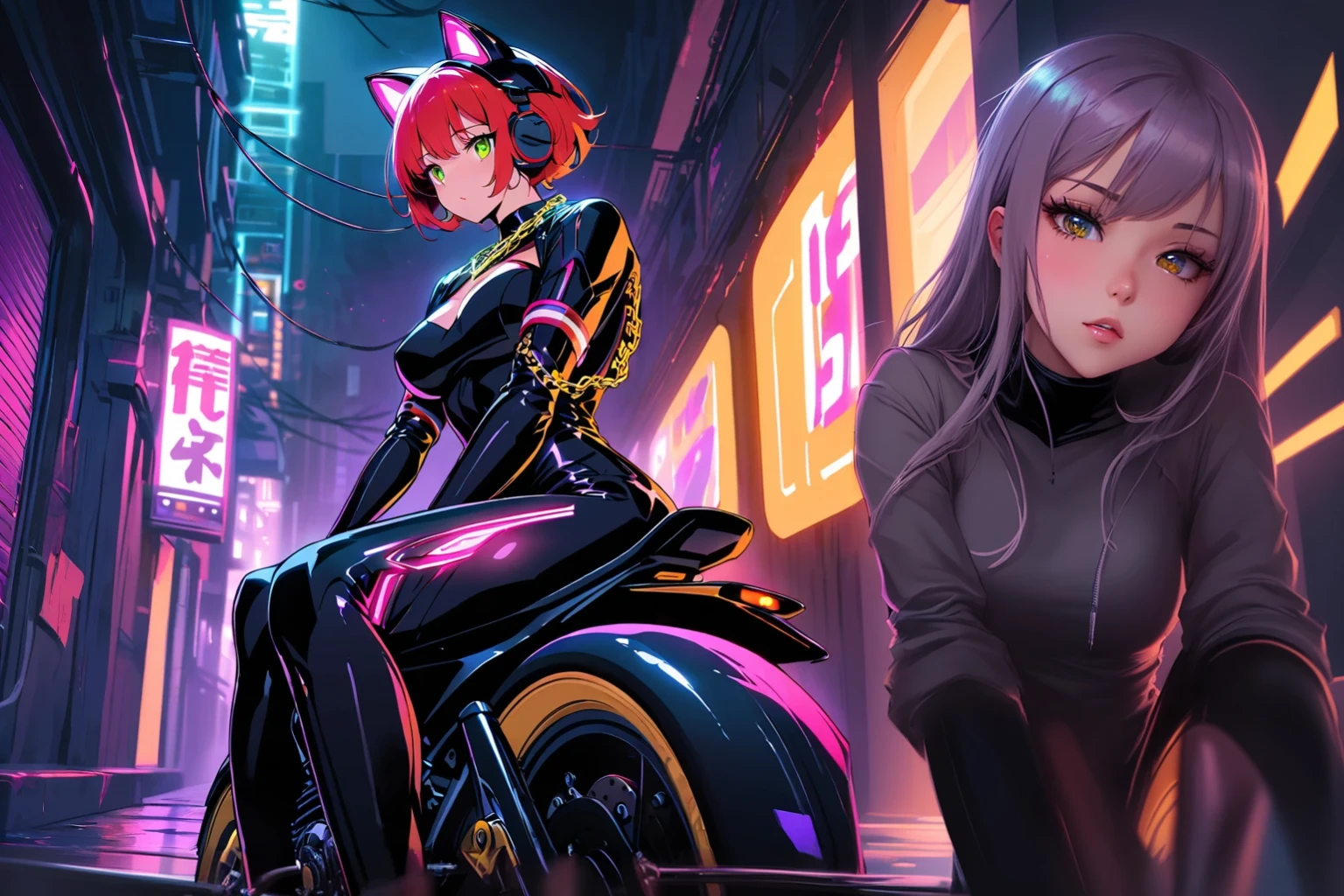 anime girl sitting on a motorcycle in a city at night, anime ciberpunk art, cyberpunk anime girl, cyberpunk anime art, digital cyberpunk anime art, female cyberpunk anime girl, modern cyberpunk anime, digital cyberpunk - anime art, 4K anime style, anime ciberpunk, sitting on a cyberpunk motorcycle, cyberpunk anime girl mech, cyberpunk art style, best anime wallpaper 4k konachan