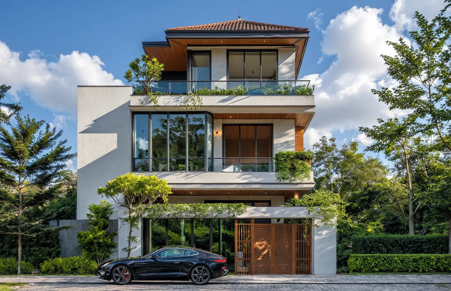 Masterpiece, high quality, best quality, authentic, super detail, outdoors, onestoreyvillaXL, aiaigroup, house style modern on the street ,stairs, white wall ,road,pavement, grass, trees, sky, cloud, (daylight:1.1)