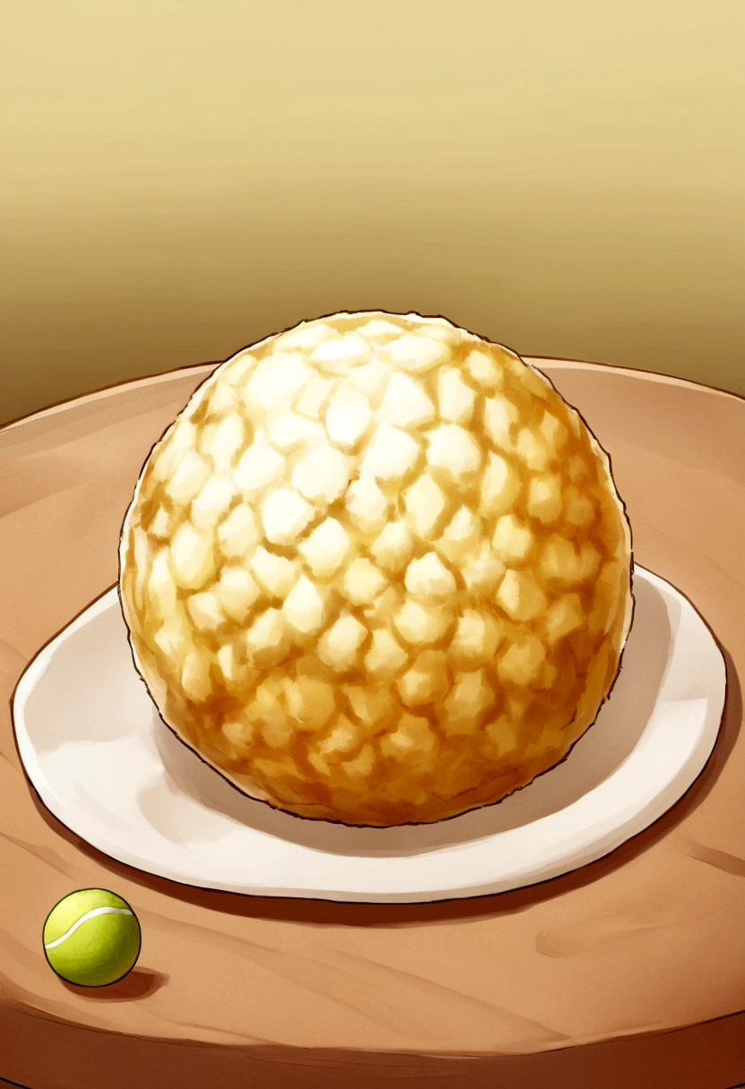 make an image of a fried ice cream that has the following characteristics: A round golden ball, about the size of a tennis ball. texture: The surface is crispy and rough due to the fried batter. Coverage may look patchy and grainy. color: Light to medium gold, with possible darker tones in some areas, due to frying. The color of the batter may vary if specific ingredients such as grated coconut are used., cookie crumbs, or cereals.
