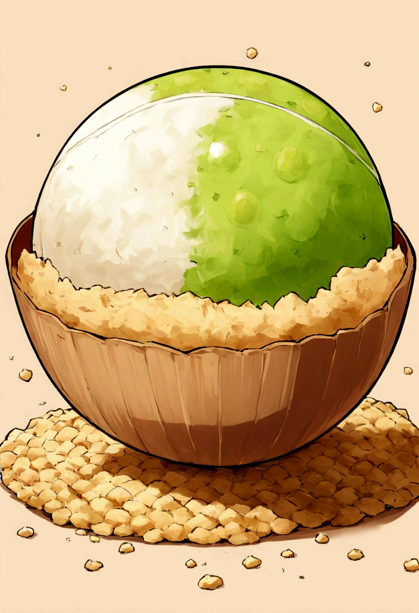 make an image of a fried ice cream that has the following characteristics: A round golden ball, about the size of a tennis ball. texture: The surface is crispy and rough due to the fried batter. Coverage may look patchy and grainy. color: Light to medium gold, with possible darker tones in some areas, due to frying. The color of the batter may vary if specific ingredients such as grated coconut are used., cookie crumbs, or cereals.