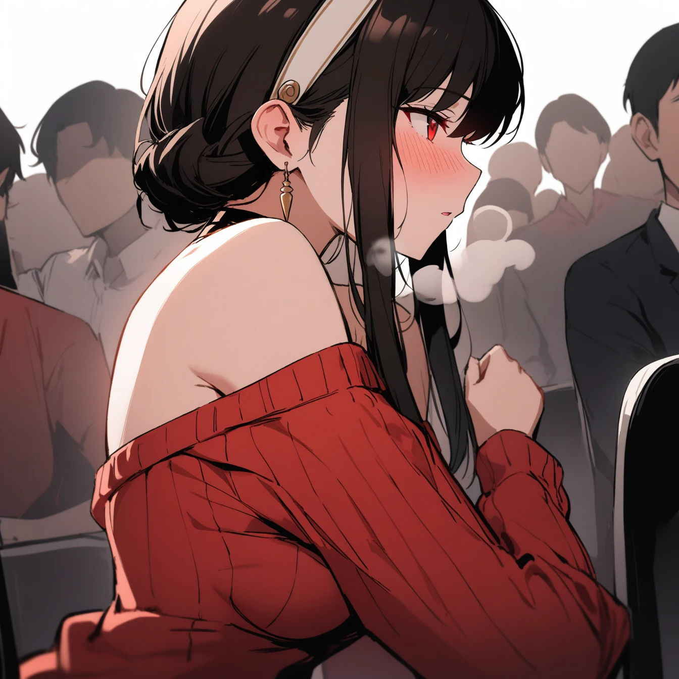 1 girl, yorbriar, yor briar,alone, audience, pure white background, blushing, red eyes, breathing, avatar, half body, comic style colorless, angle, masterpiece, best quality, red sweater,bare shoulders