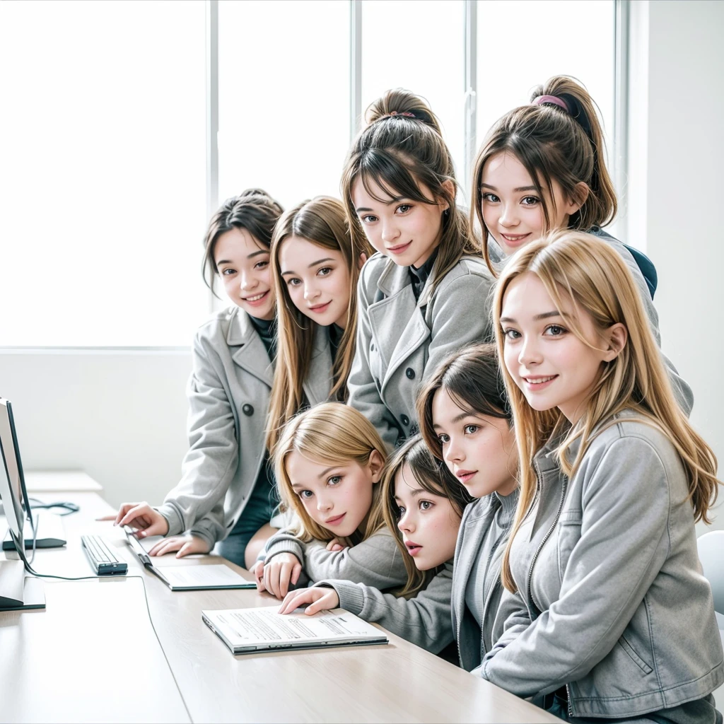 The image shows a group of four young women and three young men working at a desk, all wearing matching grey jackets and smiling at the camera.
