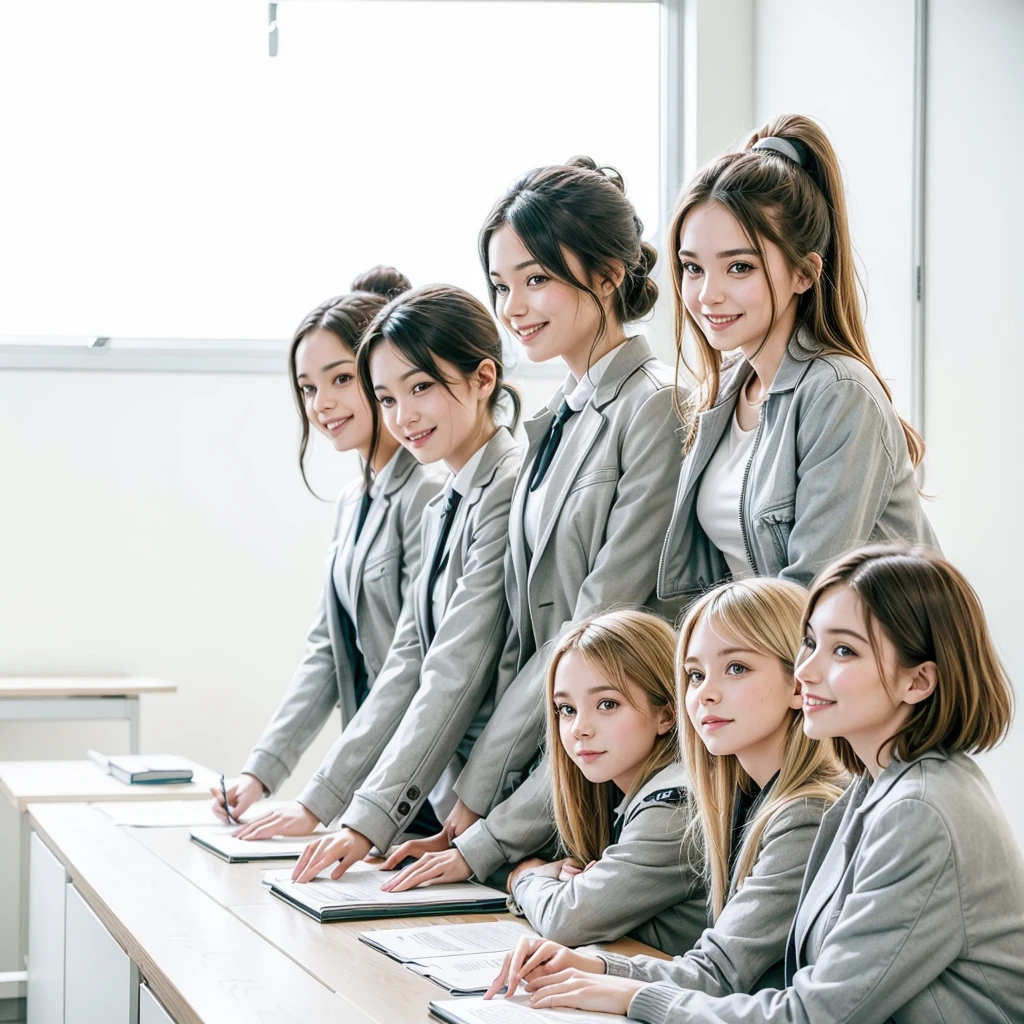 The image shows a group of four young women and three young men working at a desk, all wearing matching grey jackets and smiling at the camera.