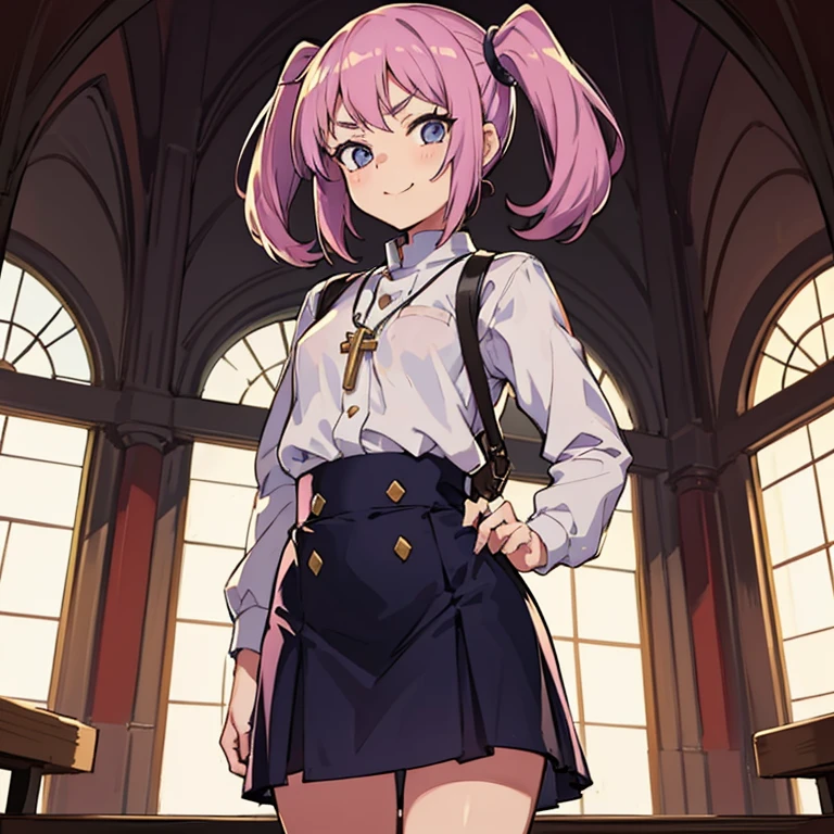 Girl with pink hair, long twin-tail hairstyle, small bushy eyebrows, dressed in gothic lolita clothes, lolicon (Zankuro) drawing style by zankuro artist, Zancrow style, image uploaded to R34, walking to school, flirty smile, lifting her skirt to show her vagina wet with semen, standing in the middle of a church during mass , ((having sex with the priest ))