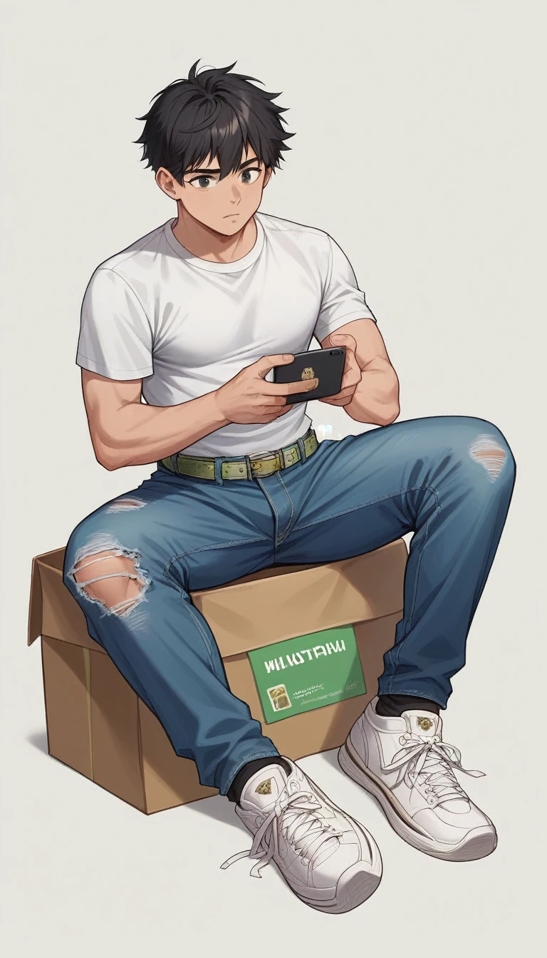 Make a realistic 3D caricature with a big head, a handsome Indonesian young man, 25 years old, short black hair, side parted, white t-shirt, ripped blue jeans, wearing an olive-colored waistbag, olive-colored sneakers, holding a cell phone, facing forward, sitting alone on a realistic green square box with a logo. "WhatsApp" with a solid white background, HD quality images