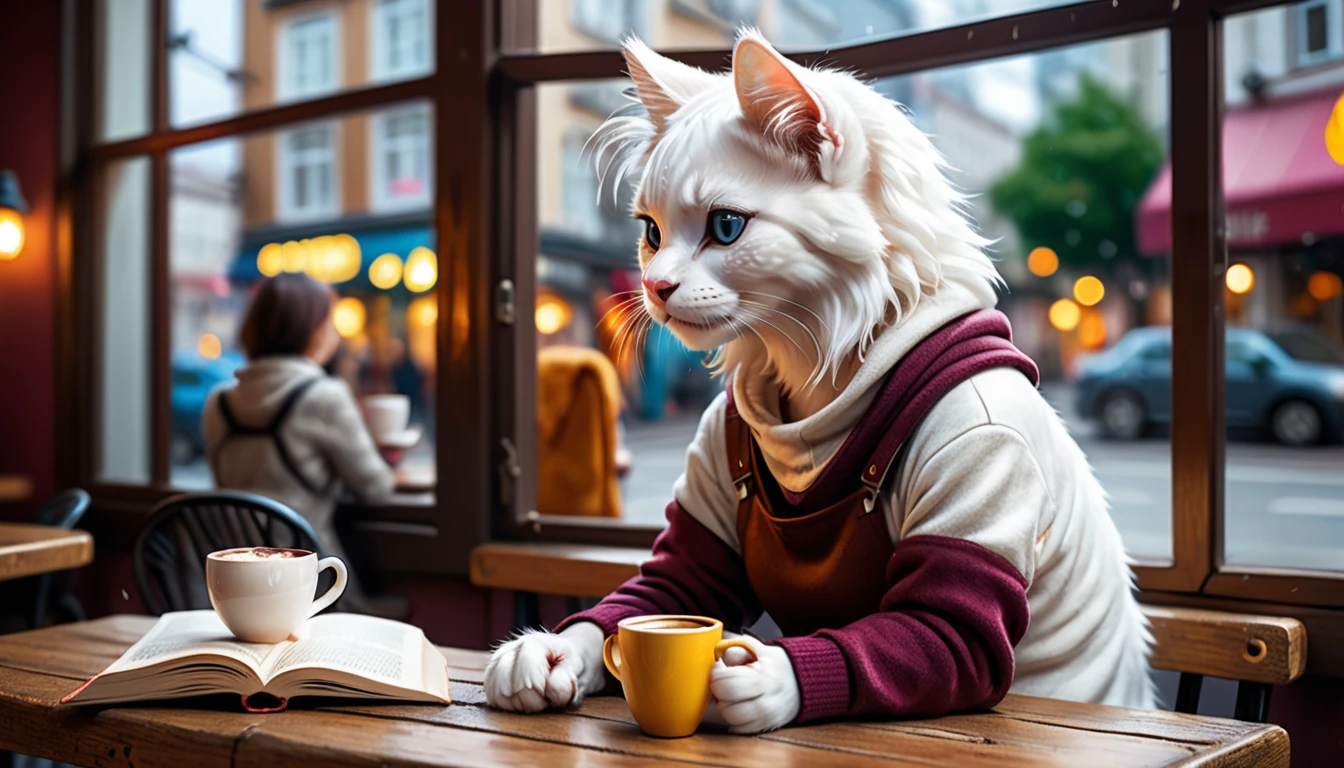 (photo cinematic), (((heavy rain outside))), anthropomorphic white kitten, casual clothes, sitting by a window in a cafe, drinking hot chocolate, (reading), 2D, colorful, warm atmosphere, shiny