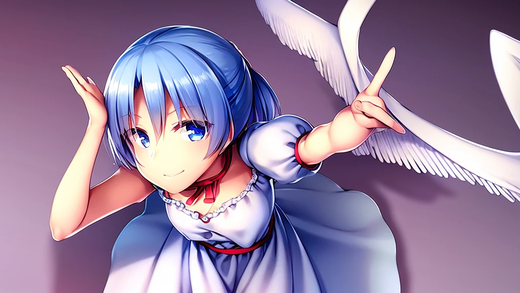 masterpiece, best quality, 1girl, , , 10 years old, medium blue hair, hair flaps, pink ribbon on head, well-formed face, blue eyes, angel girl, white blouse, puffy short sleeves, red ribbon, angel wings, long white skirt, red shoes, frills, ribbon head, from behind, to lift up one’s skirt, cowboy shot, from front, standing , raise one leg, crossed arms, arms up behind, arms behind back, hand between legs, put hands hip, one hand on hip, forward hands, arms raised in the air, punch hands, peace sign, waving, put up index finger, sit, lie down, closed eyes, lie face down, looking back, put one hand chest, leaning forward, cleavage, close up, horizontally outstretched arms, horizontally outstretched legs, front view, front face