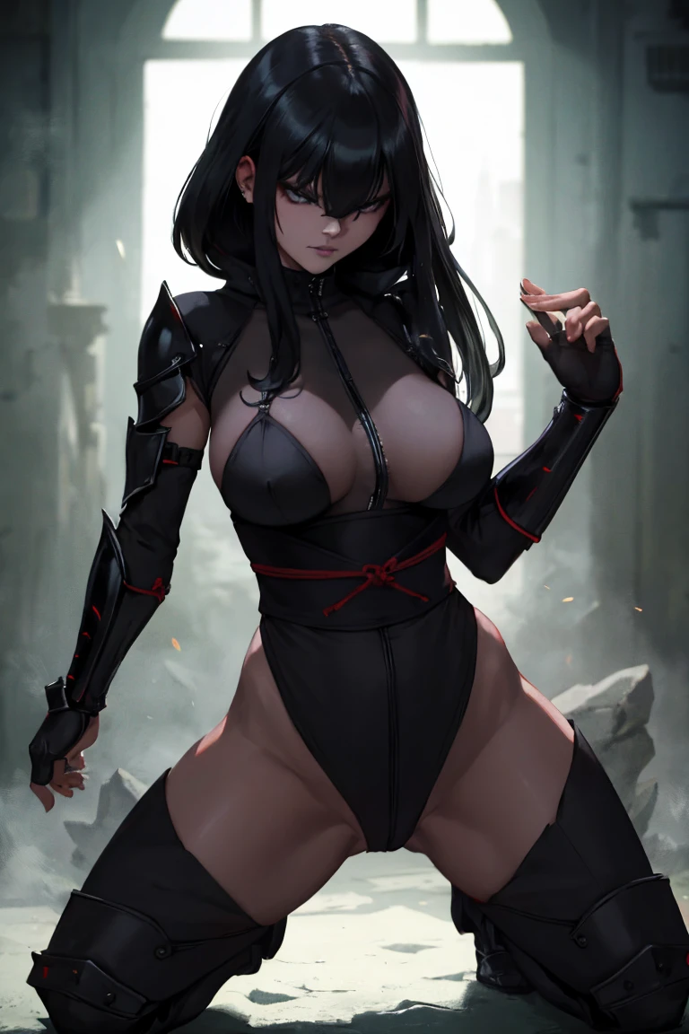 a ninja with long black hair covering their eyes, black lips, highly detailed, cinematic, dark and moody, dramatic lighting, photorealistic, 8k, high quality, intricate details, masterpiece, Green clothes, dark,