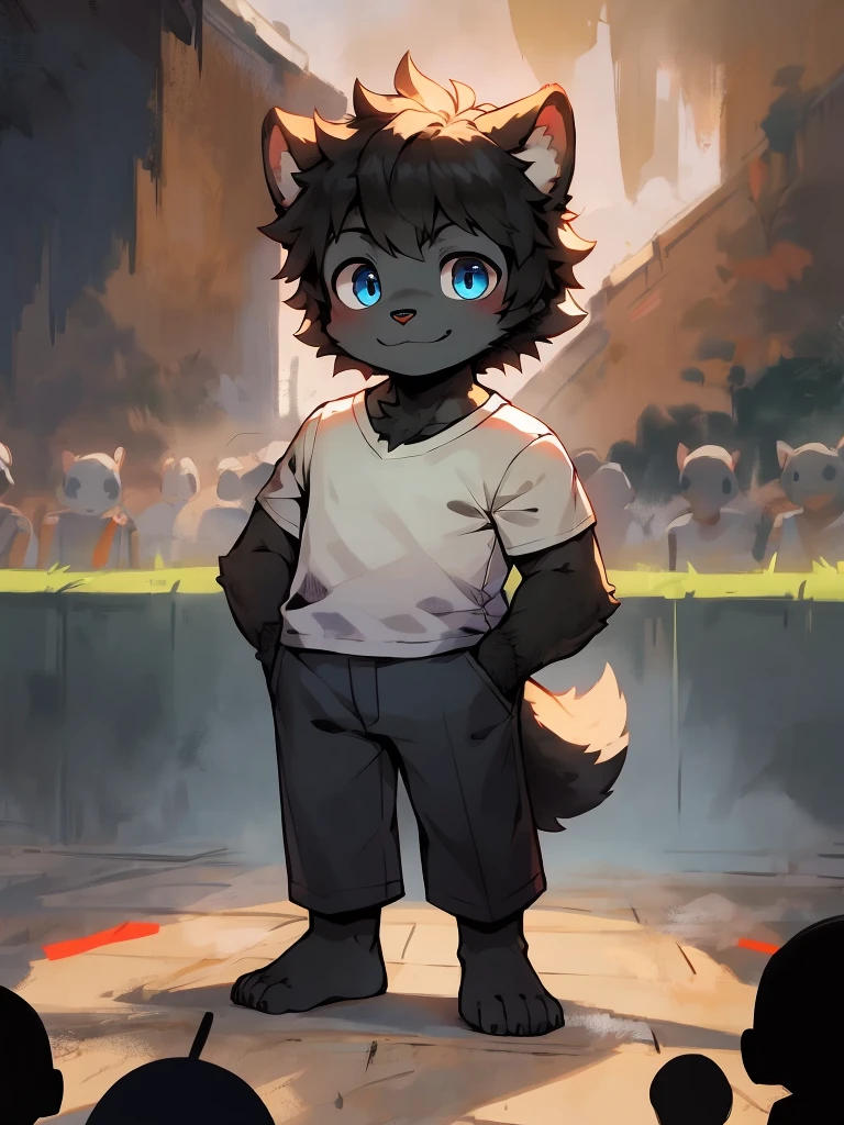 hairy,Dog Boy,Black fur,blue eyes,Single tail,short detailed hair, Suit, male, short, Smile, Eyes half closed,Q version, Handsome,Masterpiece, high resolution,8K,(((solo))),(T-Shirt,barefoot:0.6),Looking at the audience,Viewing angle,Handsome的表情,
