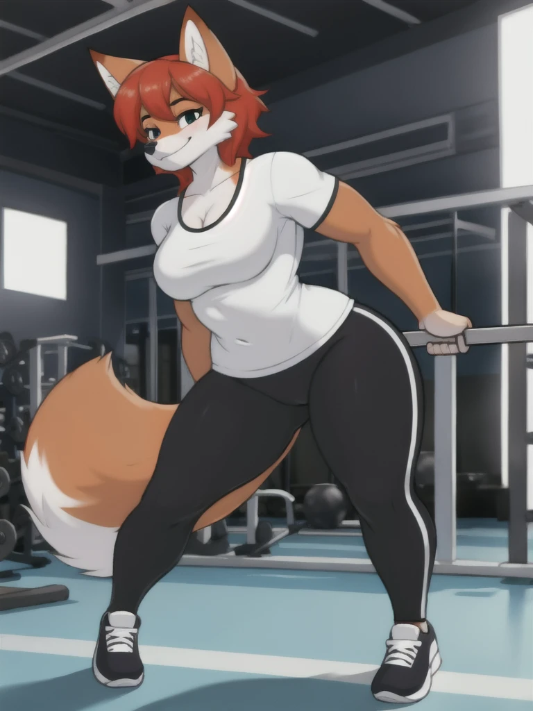 Furry, fox, female, white shirt, black leggings, shoes, gym, teen, full body