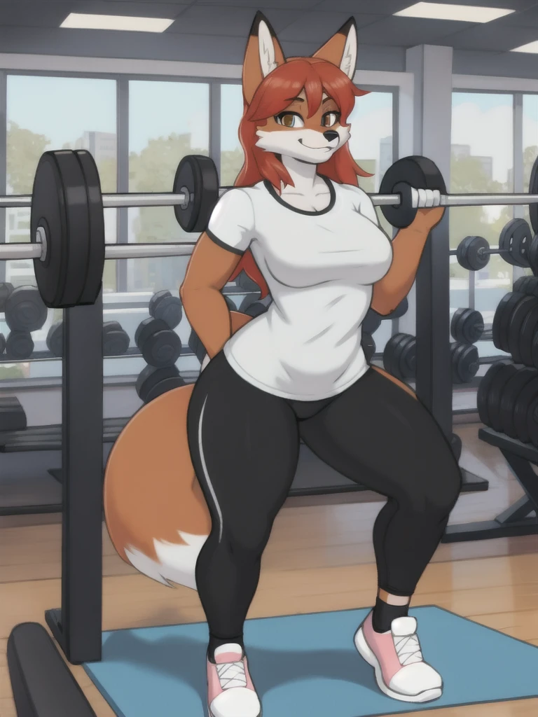 Furry, fox, female, white shirt, black leggings, shoes, gym, teen, full body