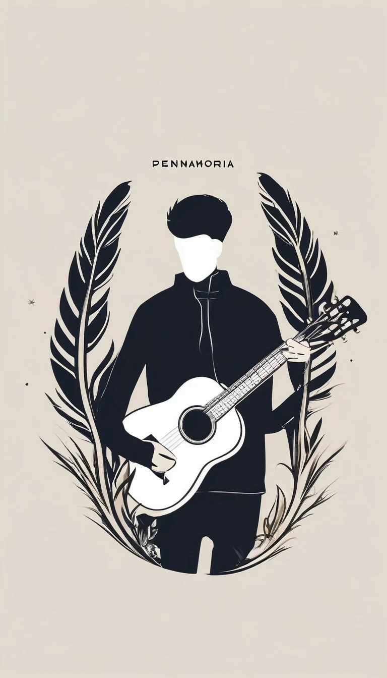 A minimal, modern, simple, cinematic logo design for the brand “Penamemoria". The logotype must be a simple, magical feather and a boy playing acoustic guitar. The logo must convey a sense of music, stories and dreams. Minimalistic logo design of a boy dissolving into a feather of dreams and memories