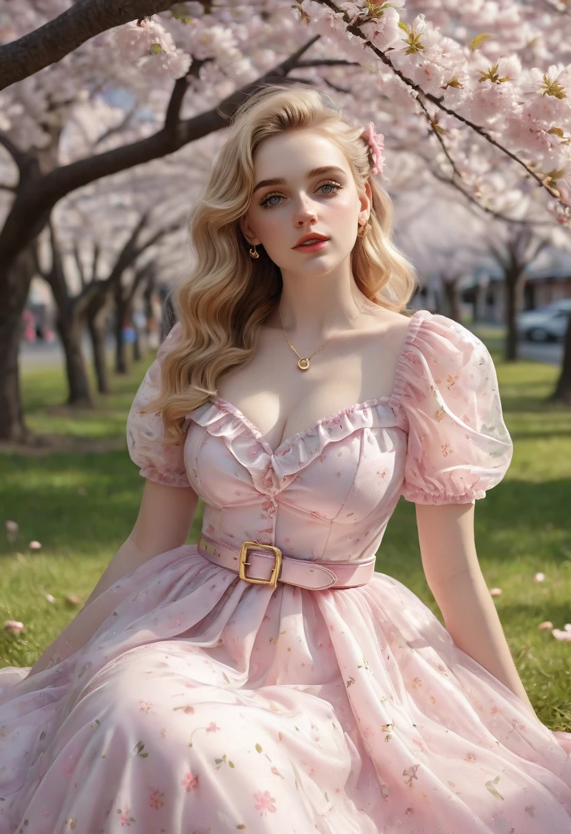 A beautiful sensual, curvy blonde kid wearing a sweet Pink Party Contrast Mesh, Ruffle Hem, All Over cherry blossoms Print, A Line, Short puff Sleeves, Sweetheart neckline, thin gold belt with tiny heart buckle, High Waist,Flounce hem Long gown, very long curling hair, cute, sweet, town picnic, warm party atmosphere, pretty, pretty lighting, 8k, octane render, detailed, detailed background, 35mm, realistic, photorealistic, perfect face, cherry blossoms barrettes in hair, freckles, American 