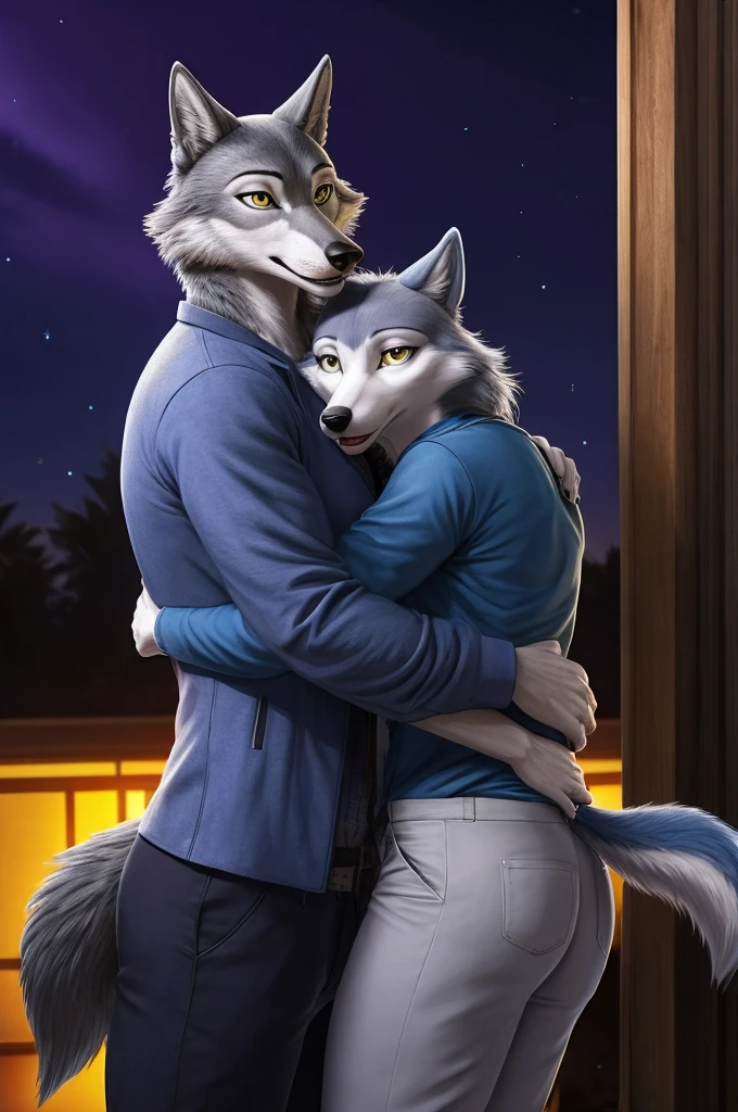 Porsha is a tall Arctic-gray wolf with yellow eyes and bluish-grey and white fur. She wears purple sunglasses, a dark blue jacket with multicolored accents, yellow trousers, grey and white sneakers, and a blue vintage t-shirt. She hugs a human, anthro wolf, female, adult, blue fur, buffed body, tail, sexy, beefy body, furred body, furry chest hair, realistic, full body, photorealistic, ultra realistic, 8k, night, bare-chested, in back turned posing, 