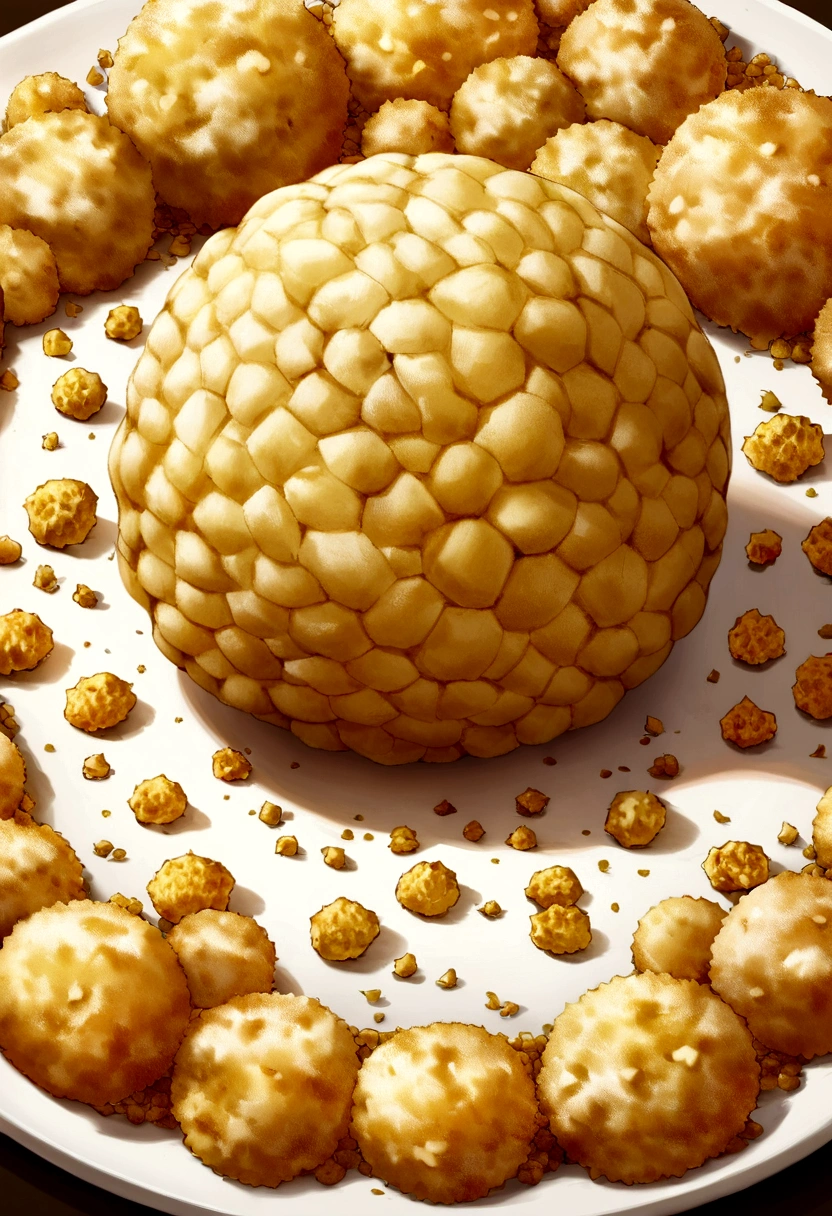 make a realistic image of a fried ice cream that has the following characteristics: A round golden ball, about the size of a tennis ball. texture: The surface is crispy and rough due to the fried batter. Coverage may look patchy and grainy. color: Light to medium gold, with possible darker tones in some areas, due to frying. The color of the batter may vary if specific ingredients such as grated coconut are used., cookie crumbs, or cereals.