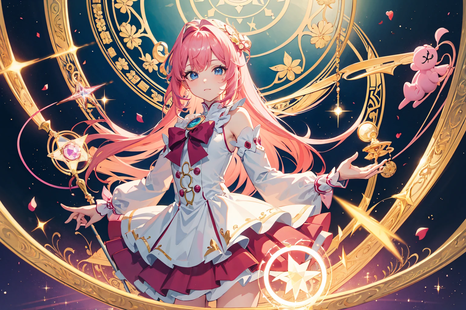 Masterpiece, top quality, highly detailed, 8k, fisheye lens, anime, magical girl, solo, magic rod, magic circle, flashy magic effects, floating, pink hair, stuffed animal