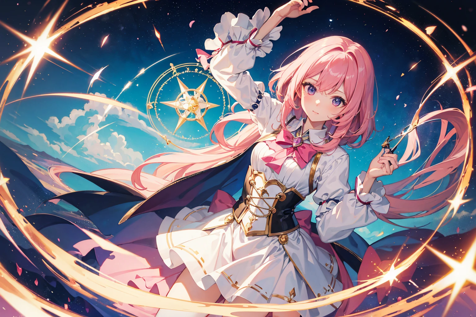 Masterpiece, top quality, highly detailed, 8k, fisheye lens, anime, magical girl, solo, magic rod, magic circle, flashy magic effects, floating, pink hair,  stuffed animal