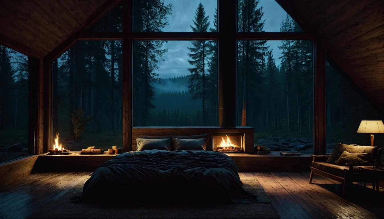 dimly lit bedroom with fireplace and wood burning bed, large windows to the forest at night, beautiful and cinematic lighting, cozy place, cryengine render 8 k, cabin in the forest, minimalist pyramid room shape, pyramid glass, very forest background dark, lots of column windows, dark, pillows and blankets, large windows, minimalist windows, lots of boxes, minimalist windows facing the forest, quiet night. the picture is original, rainy night. original rendering, stunning, rainy night, gloomy, dark gloomy cinematic lighting, atmosphere, landscape, vast forest, moody, dramatic lighting. cinematic, cinematic, atmospheric shots, gloomy weather. hyperrealistic, atmospheric rendering, rainy night, huge gloomy forest, cinematic,