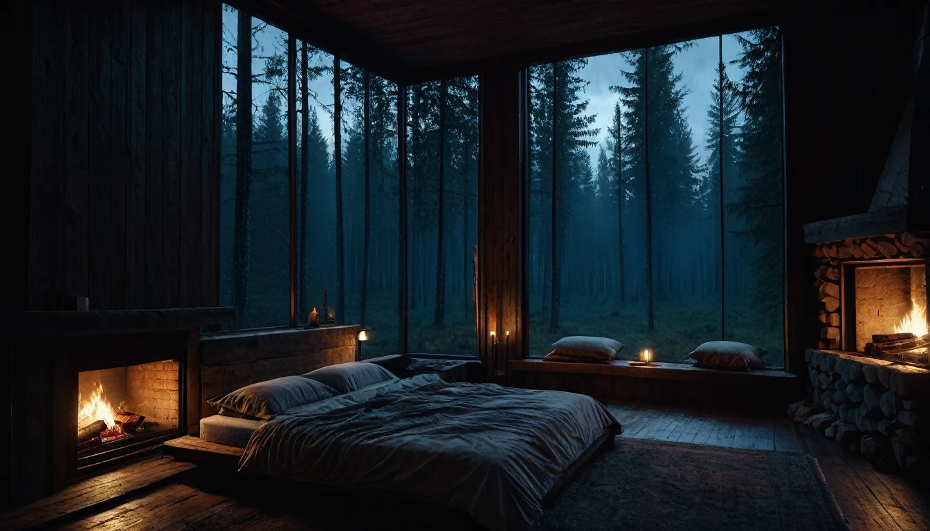 
dimly lit bedroom with fireplace and wood burning bed, large windows to the forest at night, beautiful and cinematic lighting, cozy place, cryengine render 8 k, cabin in the forest, minimalist pyramid room shape, pyramid glass, very forest background dark, lots of column windows, dark, pillows and blankets, large windows, minimalist windows, lots of boxes, minimalist windows facing the forest, quiet night. the picture is original, rainy night. original rendering, stunning, rainy night, gloomy, dark gloomy cinematic lighting, atmosphere, landscape, vast forest, moody, dramatic lighting. cinematic, cinematic, atmospheric shots, gloomy weather. hyperrealistic, atmospheric rendering, rainy night, huge gloomy forest, cinematic,