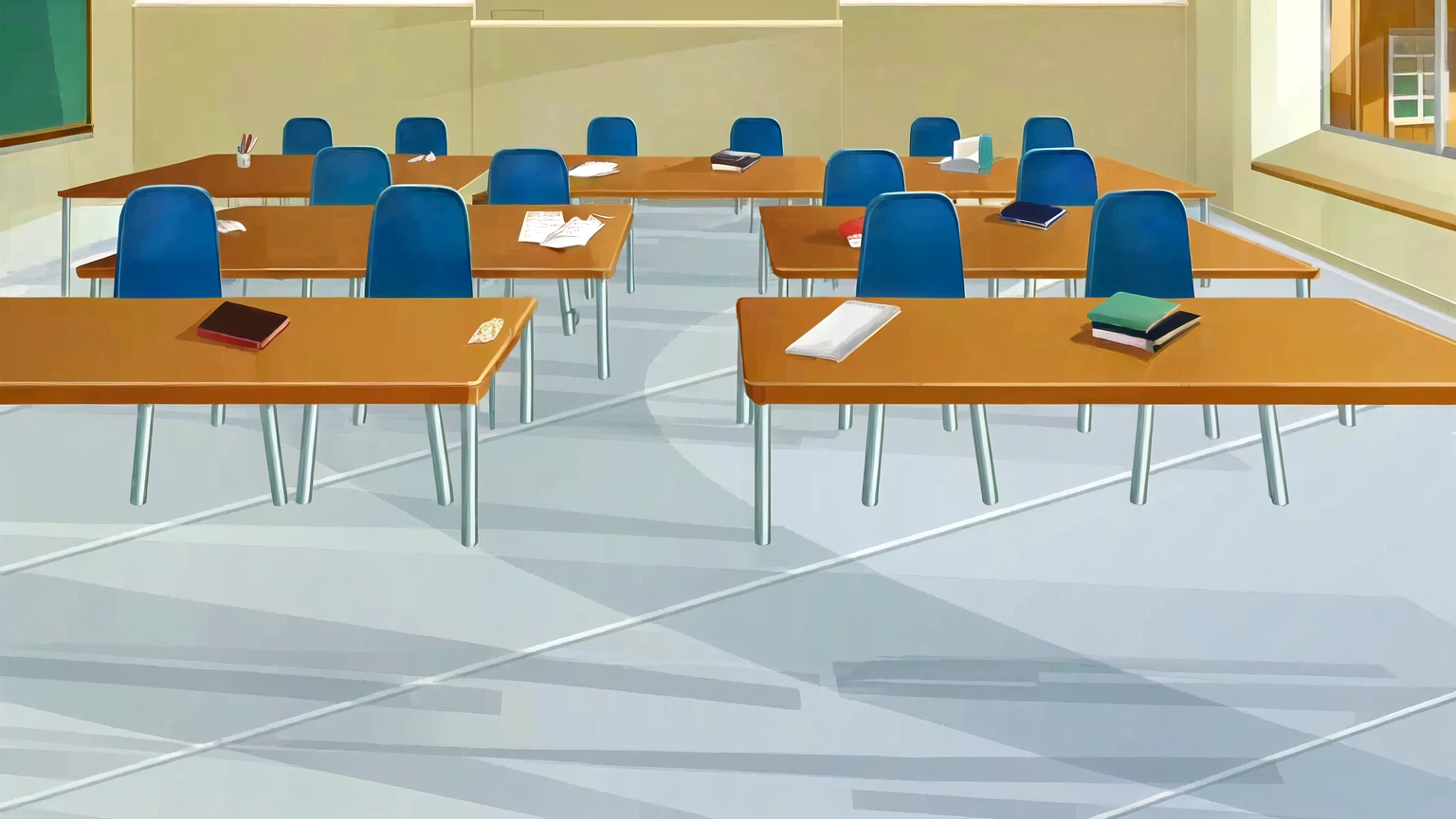 there are many tables and chairs in a classroom with a chalkboard, classroom background, typical anime classroom, school classroom, classroom, classroom in background, sitting in the classroom, in a classroom, photo of a classroom, detailed school background, highschool background, workshop background, in a school classroom, school class, random background scene, student, office background, multiple desks