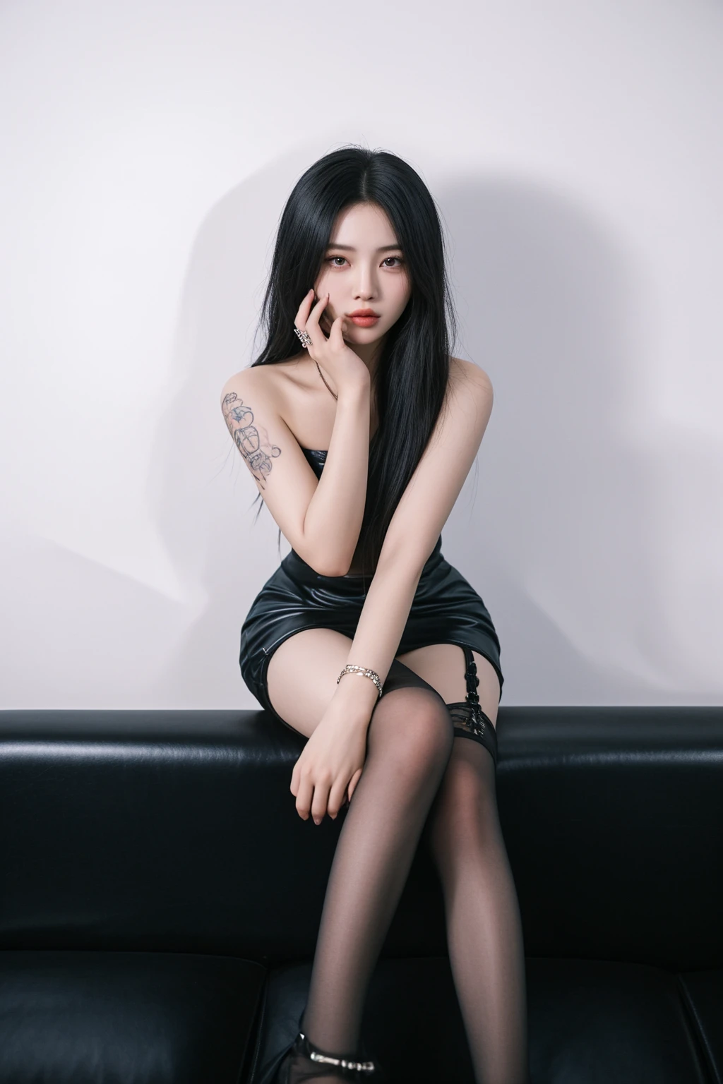 there is a woman sitting on a couch with a cell phone, of taiwanese girl with tattoos, full body xianxia, asian girl, sexy pose, korean girl, chinese girl, photo of slim girl model, an asian woman, photo of slim girl, asian woman, sexy look, asian women, gorgeous young korean woman, gorgeous chinese model, cruel korean goth girl