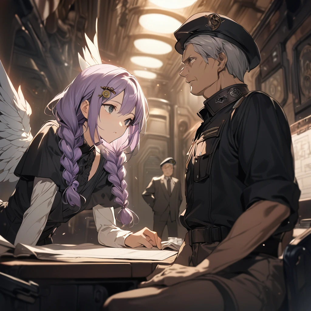 (a girl and a man:1.5), (a girl with closs hair pin,pale purple hair,wavy two braids,bluntbangs hair,green and black eyes a black tank top and shorts,:1.4), anime visual, (tilt head:1.3), extremely delicate face, soft clean focus, realistic lighting and shading, (an extremely delicate and beautiful art:1.3), (muted colors:1.1), small breast,slim,In a steampunk command room, there is a display on the wall, with a line art drawing of the blueprints for the wings to be attached to the girl,
A man is 60 years old, superior officer looks up at it and gives orders, wearing a blue military uniform, beret,
a girl who is listening to the orders,Saluting to the man,