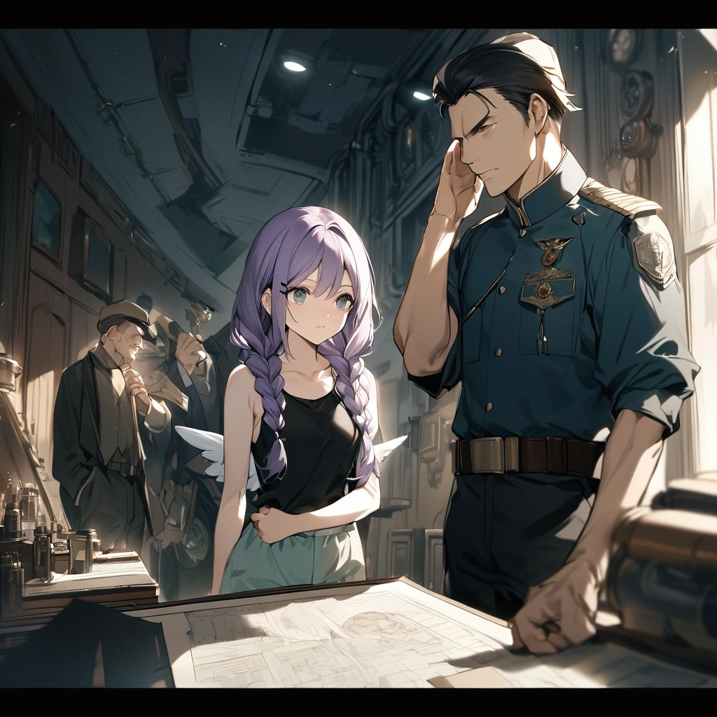 (a girl and a man:1.5), (a girl with closs hair pin,pale purple hair,wavy two braids,bluntbangs hair,green and black eyes a black tank top and shorts,:1.4), anime visual, (tilt head:1.3), extremely delicate face, soft clean focus, realistic lighting and shading, (an extremely delicate and beautiful art:1.3), (muted colors:1.1), small breast,slim,In a steampunk command room, there is a display on the wall, with a line art drawing of the blueprints for the wings to be attached to the girl,
A man is 60 years old, superior officer looks up at it and gives orders, wearing a blue military uniform, beret,
a girl who is listening to the orders,Saluting to the man,