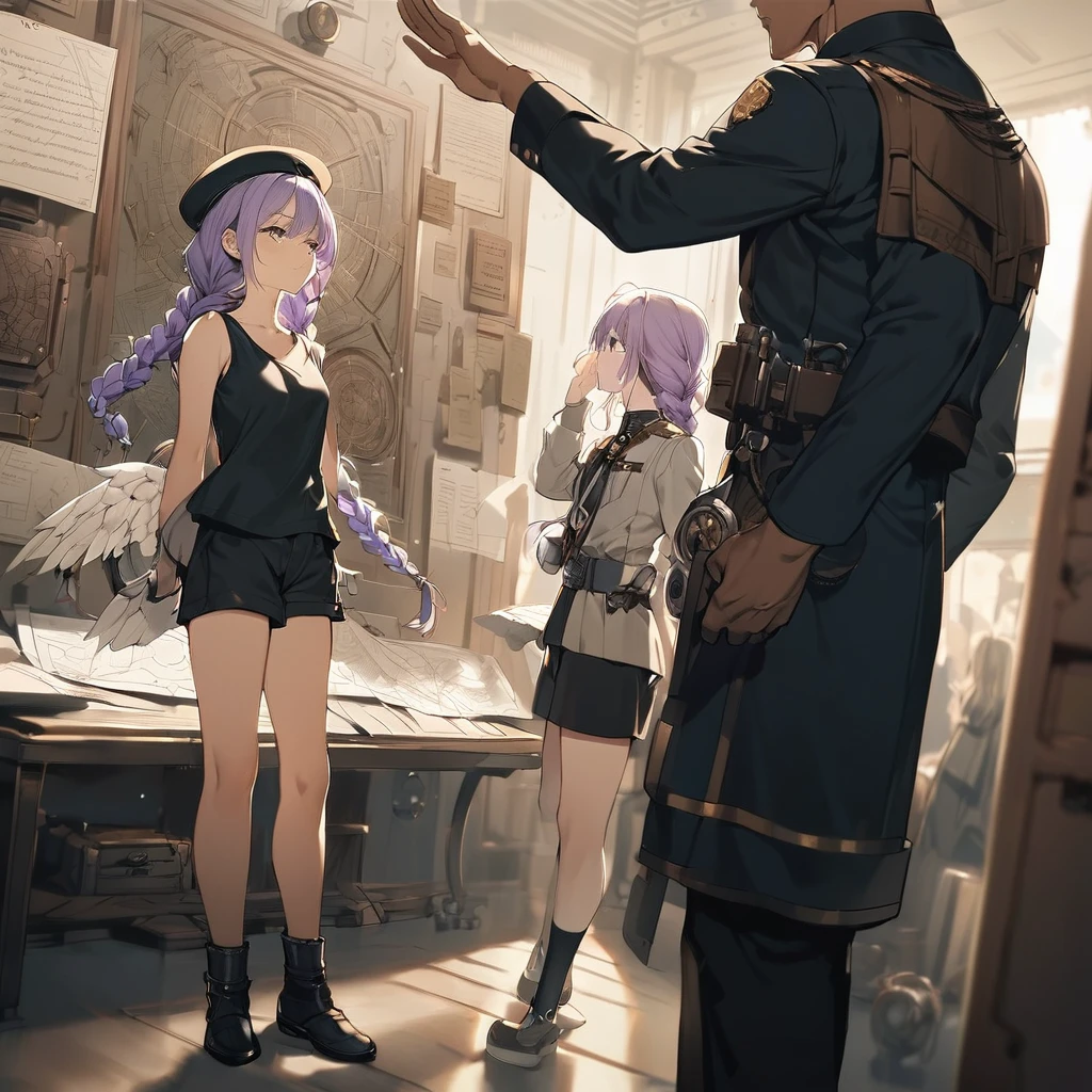 (a girl and a man:1.5), (a girl with closs hair pin,pale purple hair,wavy two braids,bluntbangs hair,green and black eyes a black tank top and shorts,:1.4), anime visual, (tilt head:1.3), extremely delicate face, soft clean focus, realistic lighting and shading, (an extremely delicate and beautiful art:1.3), (muted colors:1.1), small breast,slim,In a steampunk command room, there is a display on the wall, with a line art drawing of the blueprints for the wings to be attached to the girl,
A man is 60 years old, superior officer looks up at it and gives orders, wearing a blue military uniform, beret,
a girl who is listening to the orders,Saluting to the man,