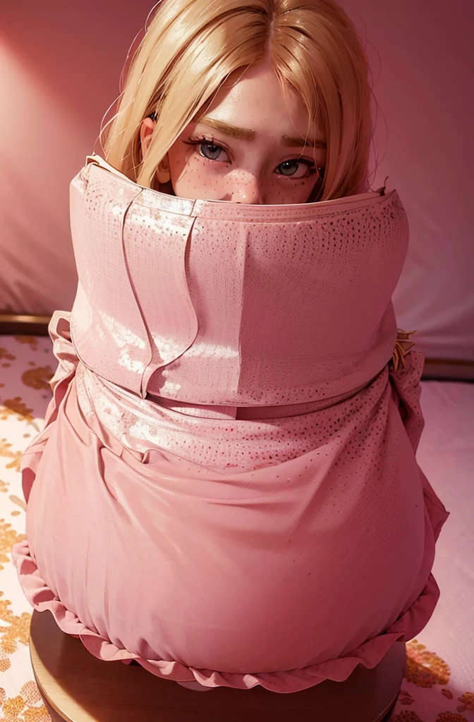 A beautiful sensual curvy blonde tween wearing a sweet Pink Party Contrast Mesh, Ruffle Hem, All Over cherry blossoms Print, A Line, Short puff Sleeves, Sweetheart neckline, thin gold belt with tiny heart buckle, High Waist,Flounce hem Long gown, very long curling hair, cute, sweet, town picnic, warm party atmosphere, pretty, pretty lighting, 8k, octane render, detailed, detailed background, 35mm, realistic, photorealistic, perfect face, cherry blossoms barrettes in hair, freckles, ((American face))