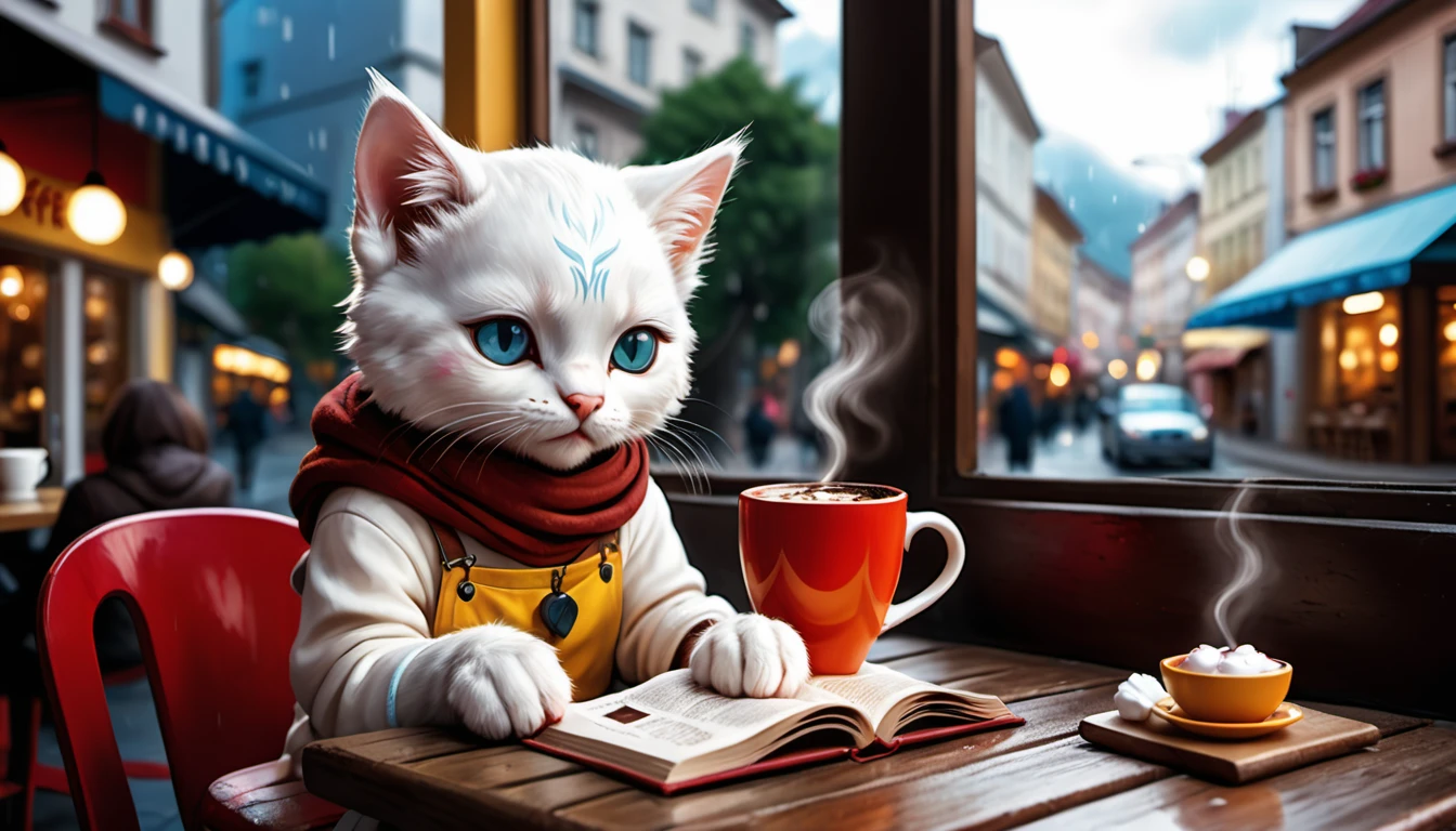 (photo cinematic), (((heavy rain outside the cafe))), anthropomorphic white kitten, casual clothes, sitting by the window in the cafe, drinking hot chocolate, (reading), 2D, colorful, warm atmosphere, shiny