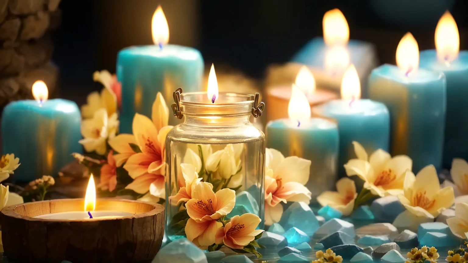 Candles and flowers are lit in a jar with rocks and water, floating Candles, Beautiful atmosphere, Warm and fun atmosphere, Beautifully illuminated, Beautiful atmosphere, Peaceful atmosphere, relax atmosphere, Candlesライト, Candles in foreground, lit with Candles, Peaceful atmosphere, lit Candles, glowing Candles, Candles, relax, Read beautifully, Soft glow, Blissful atmosphere