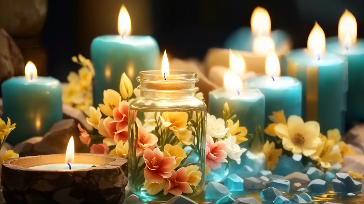Candles and flowers are lit in a jar with rocks and water, floating Candles, Beautiful atmosphere, Warm and fun atmosphere, Beautifully illuminated, Beautiful atmosphere, Peaceful atmosphere, relax atmosphere, Candlesライト, Candles in foreground, lit with Candles, Peaceful atmosphere, lit Candles, glowing Candles, Candles, relax, Read beautifully, Soft glow, Blissful atmosphere