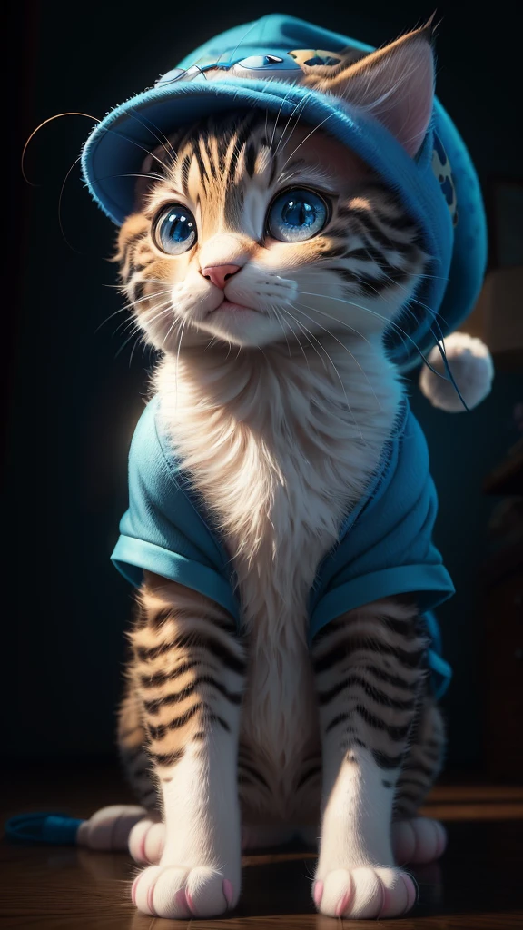 pixar-style,a cute kitten,Wearing pajamas and a cute blue hat,anthropomorphic turtle,dramatic lighting,8K,Realistis,finedetail,Photo realism film,complexdetails,llight rays,Realistic 8K,HD--ar 9:16